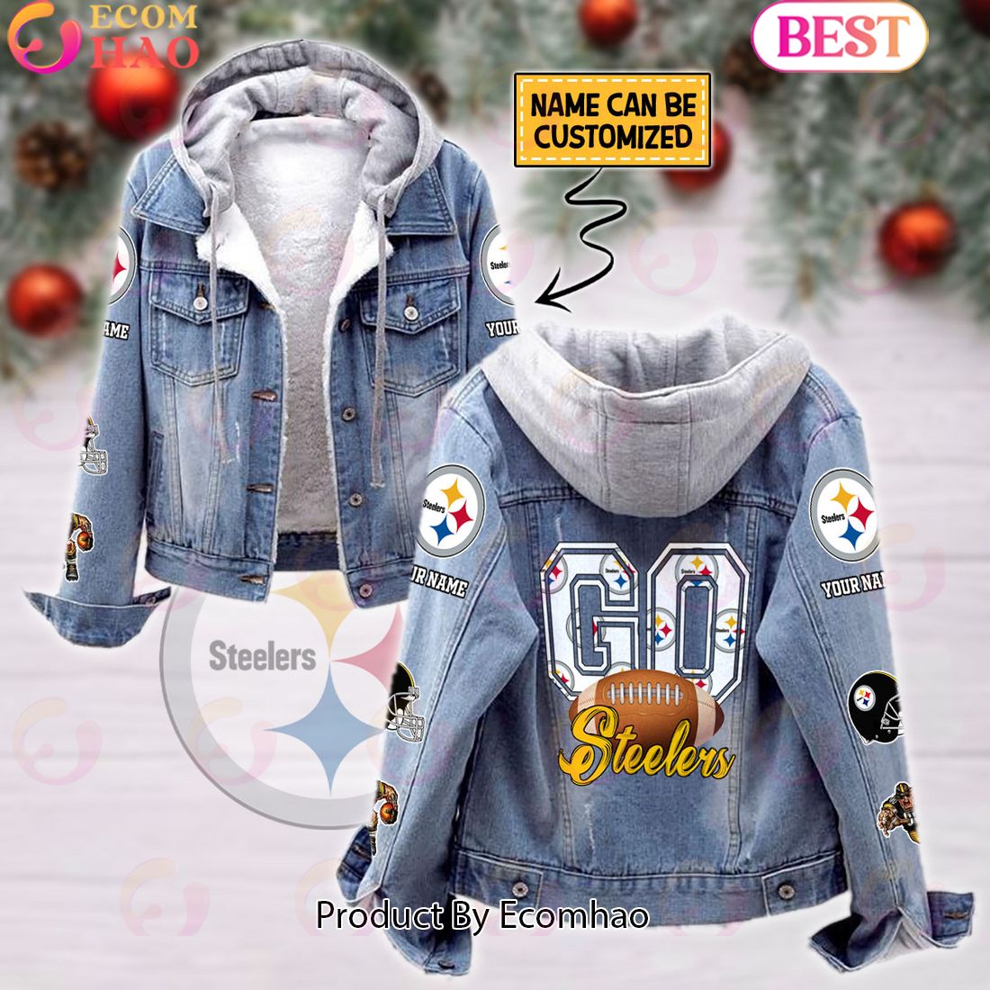 Custom Name Go Steelers Mascot Designed NFL Pittsburgh Steelers Fleece Hooded Denim Jacket