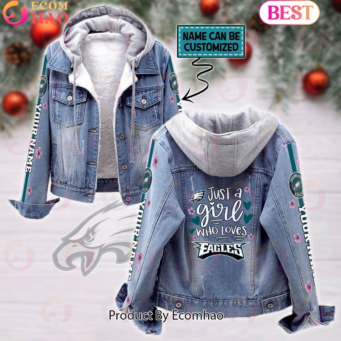 Custom Name Just A Girl Loves Eagles Designed NFL Philadelphia Eagles Fleece Hooded Denim Jacket