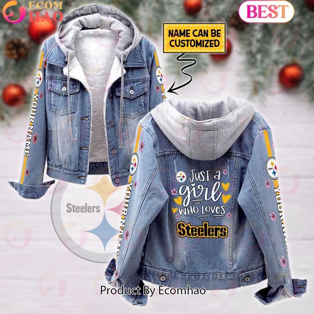 Custom Name Go Steelers Mascot Designed NFL Pittsburgh Steelers Fleece Hooded Denim Jacket