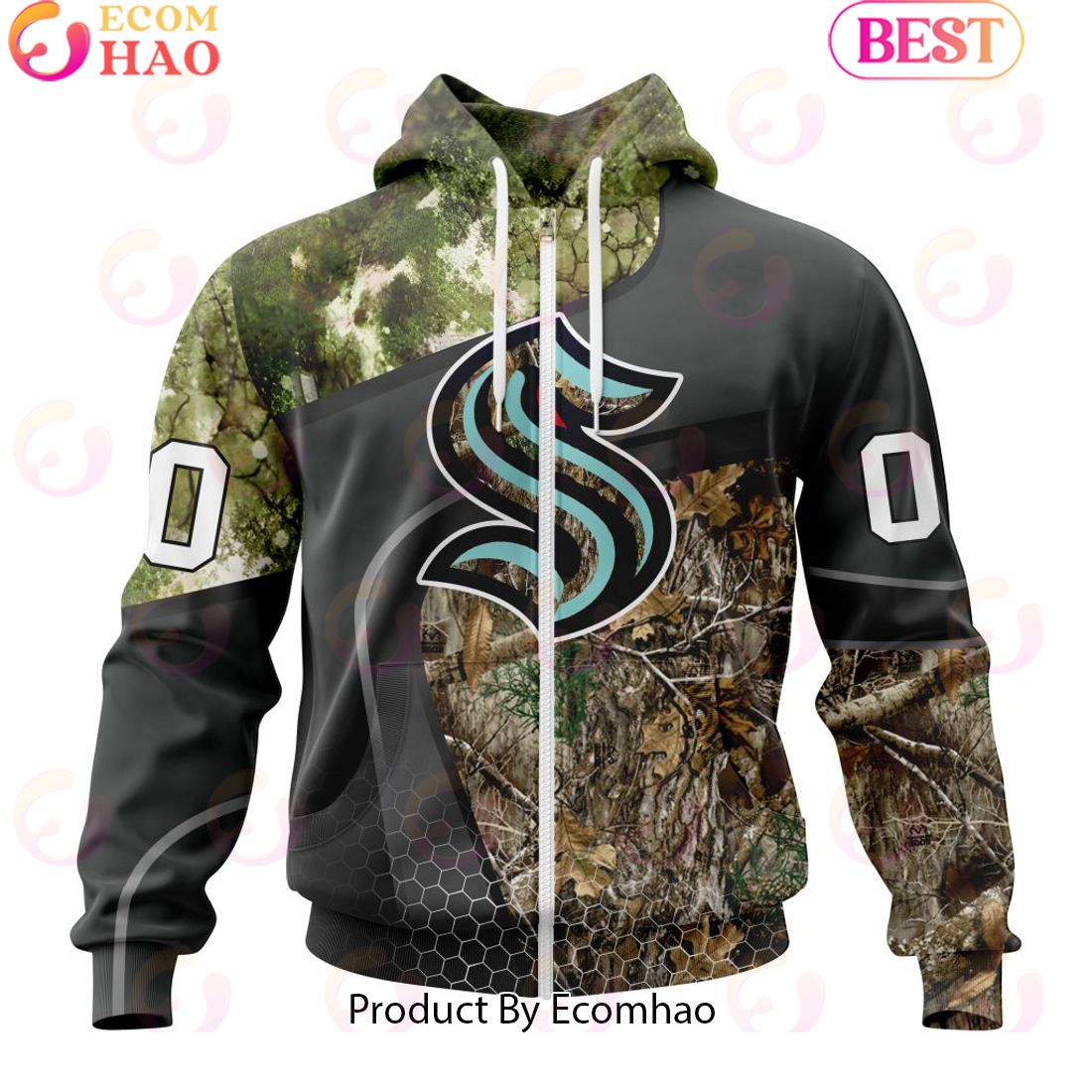 Personalized NHL Seattle Kraken Special Hunting Camo Design Full Printed Hoodie