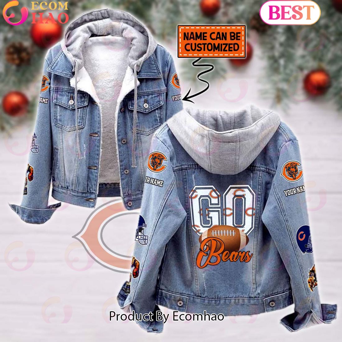 Custom Name Go Bears Mascot Designed Fleece Hooded Denim Jacket