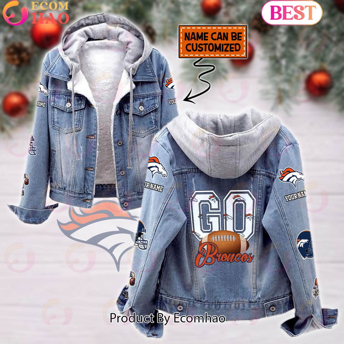 Custom Name Go Ravens Mascot Designed Fleece Hooded Denim Jacket