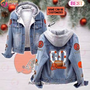 Custom Name Go Browns Mascot Designed Fleece Hooded Denim Jacket