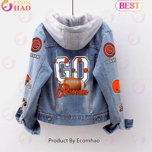 Custom Name Go Browns Mascot Designed Fleece Hooded Denim Jacket