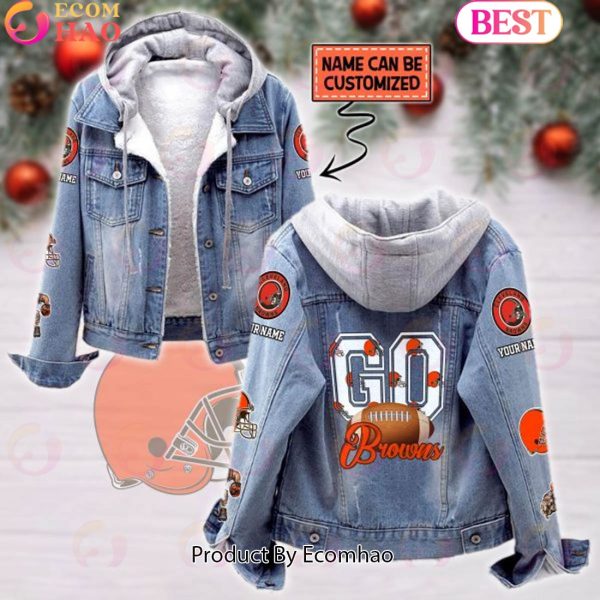 Custom Name Go Browns Mascot Designed Fleece Hooded Denim Jacket