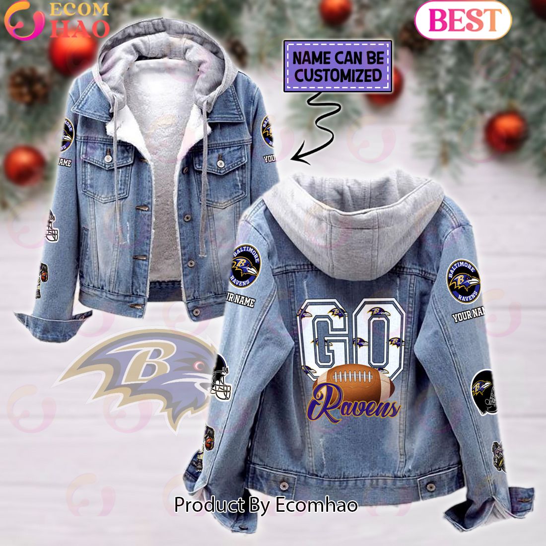 Custom Name Go Ravens Mascot Designed Fleece Hooded Denim Jacket