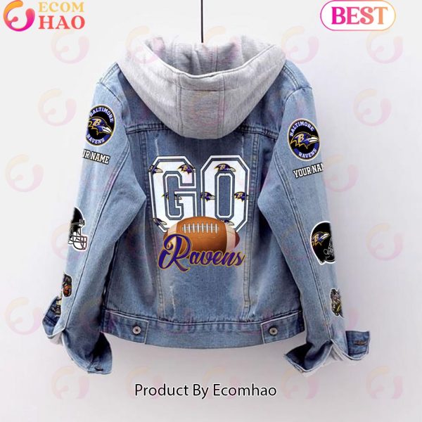 Custom Name Go Ravens Mascot Designed Fleece Hooded Denim Jacket