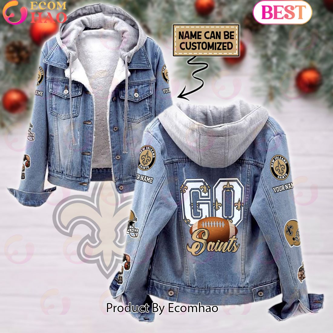 Custom Name Go Giants Mascot Designed Fleece Hooded Denim Jacket