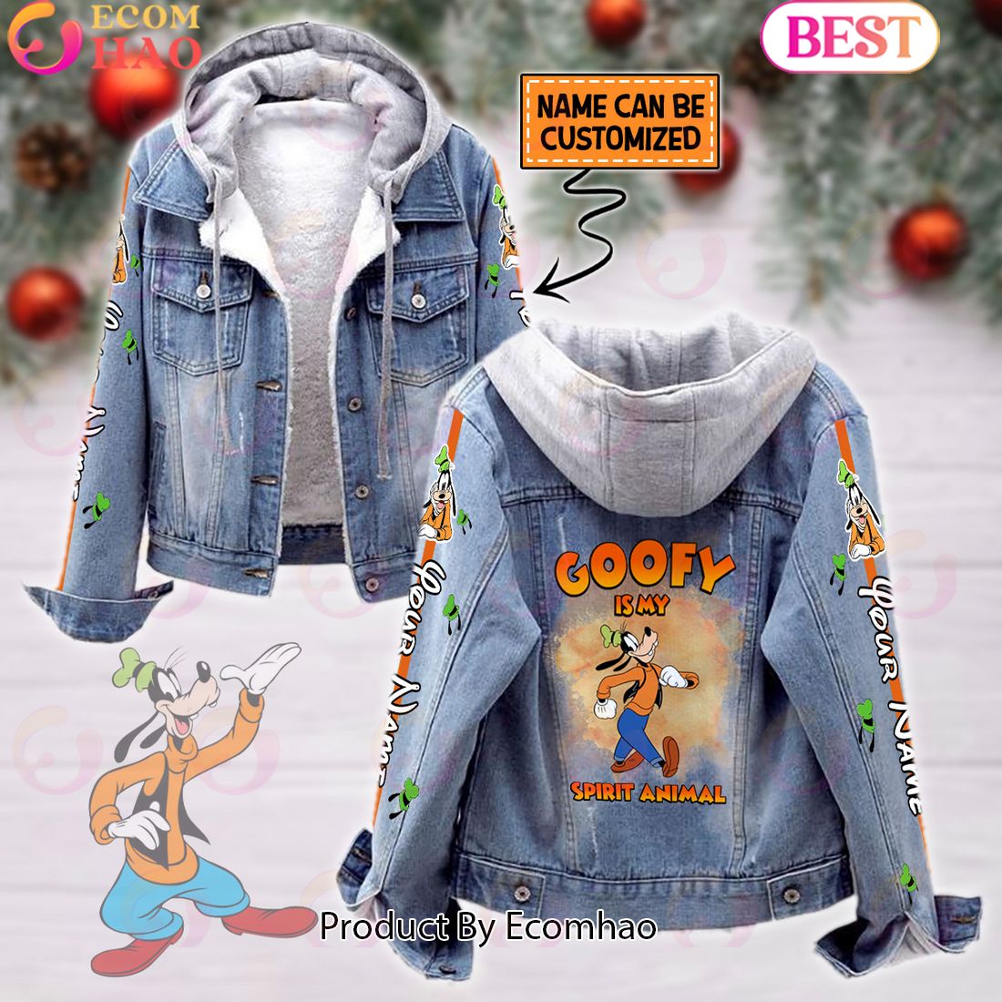 Custom Name Goofy Is My Spirit Animal Designed Hooded Fleece Denim Jacket