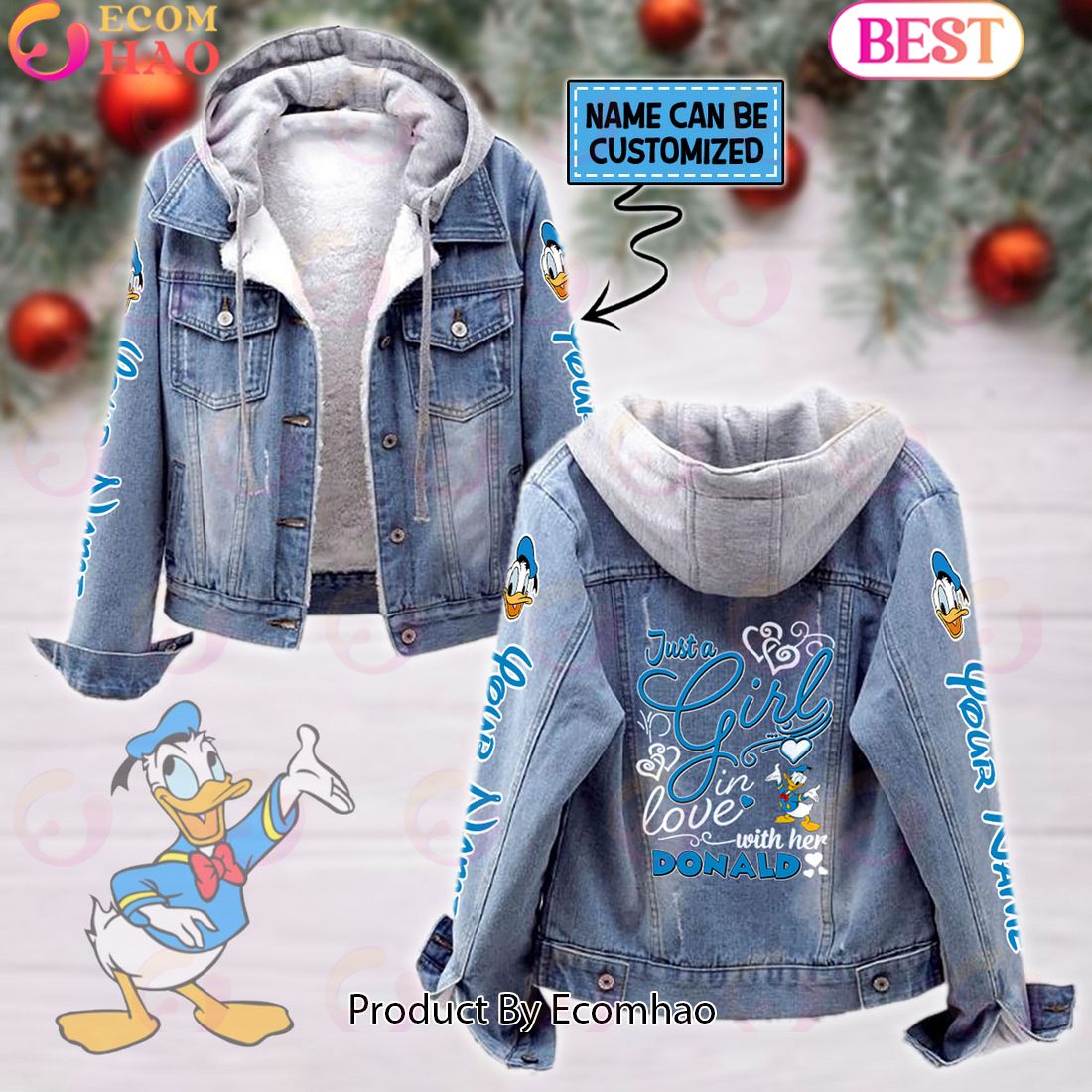 Custom Name Just A Girl Loves Donald Duck Designed Hooded Fleece Denim Jacket