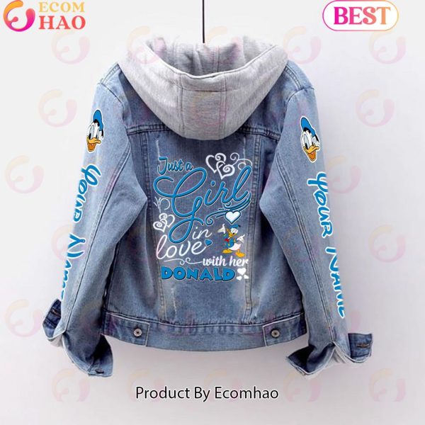 Custom Name Just A Girl Loves Donald Duck Designed Hooded Fleece Denim Jacket