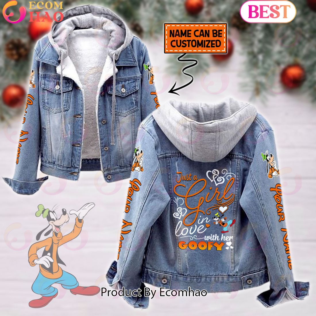 Custom Name Just A Girl Loves Goofy Designed Hooded Fleece Denim Jacket