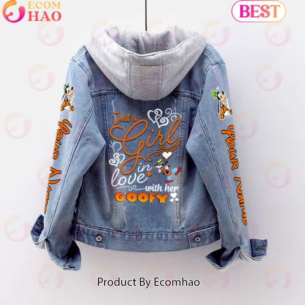 Custom Name Just A Girl Loves Goofy Designed Hooded Fleece Denim Jacket