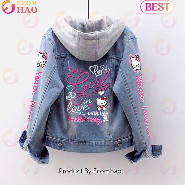 Custom Name Just A Girl Loves Hello Kitty Designed Hooded Fleece Denim Jacket