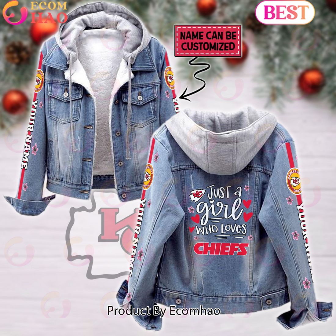 Custom Name Just A Girl Loves KC Chiefs Designed Fleece Hooded Denim Jacket