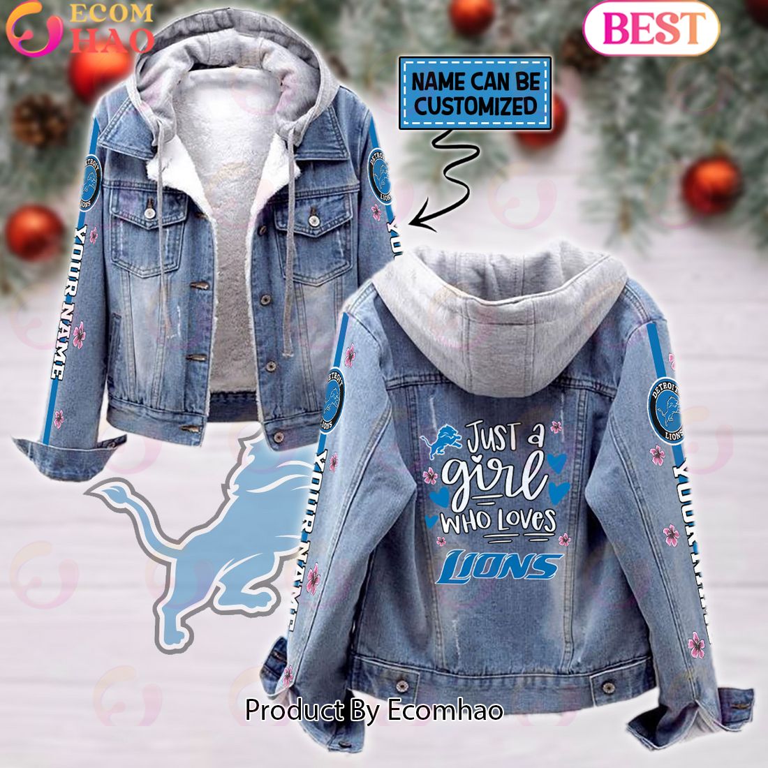 Custom Name Just A Girl Loves Lions Designed Fleece Hooded Denim Jacket