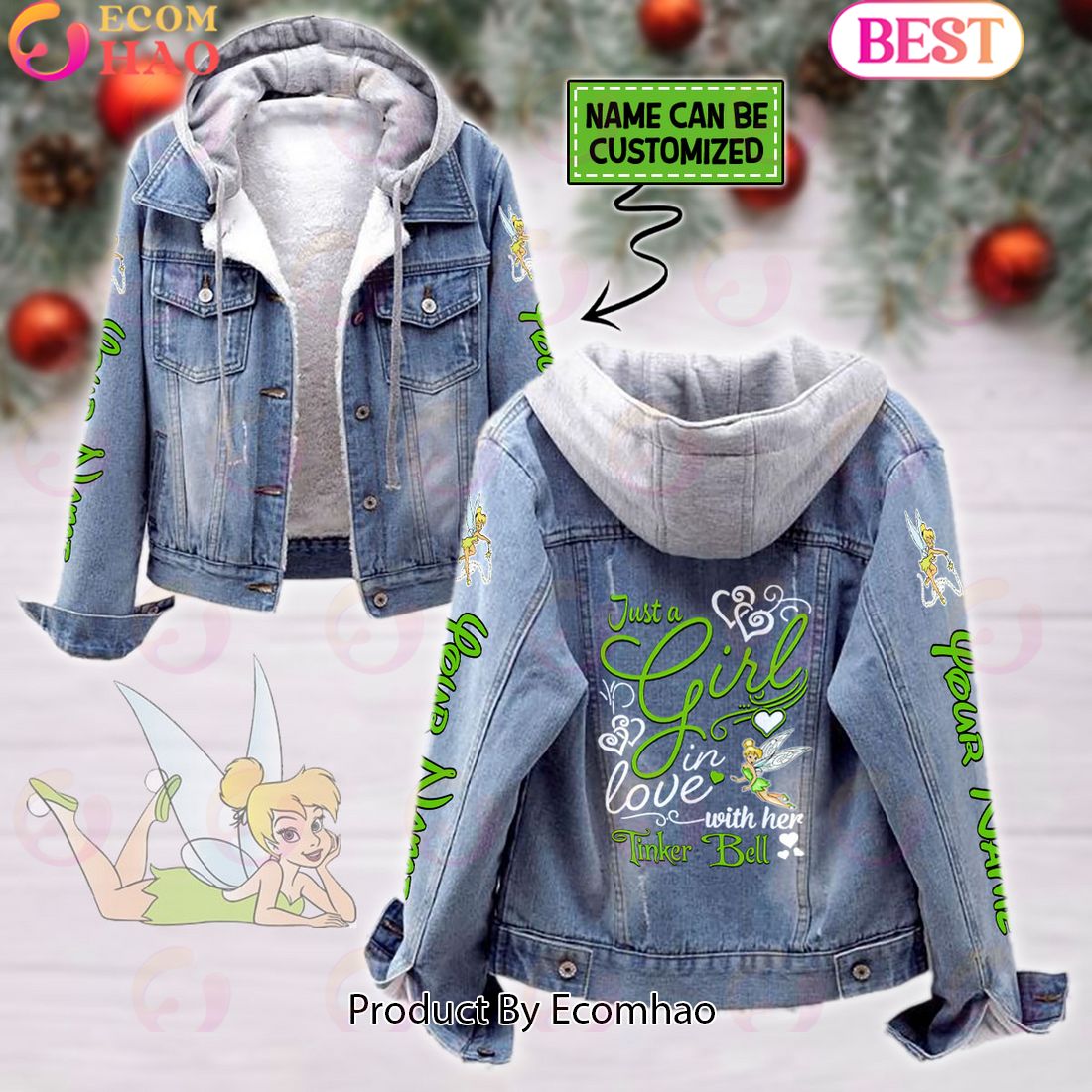 Custom Name Just A Girl Loves Tinker Bell Designed Hooded Fleece Denim Jacket