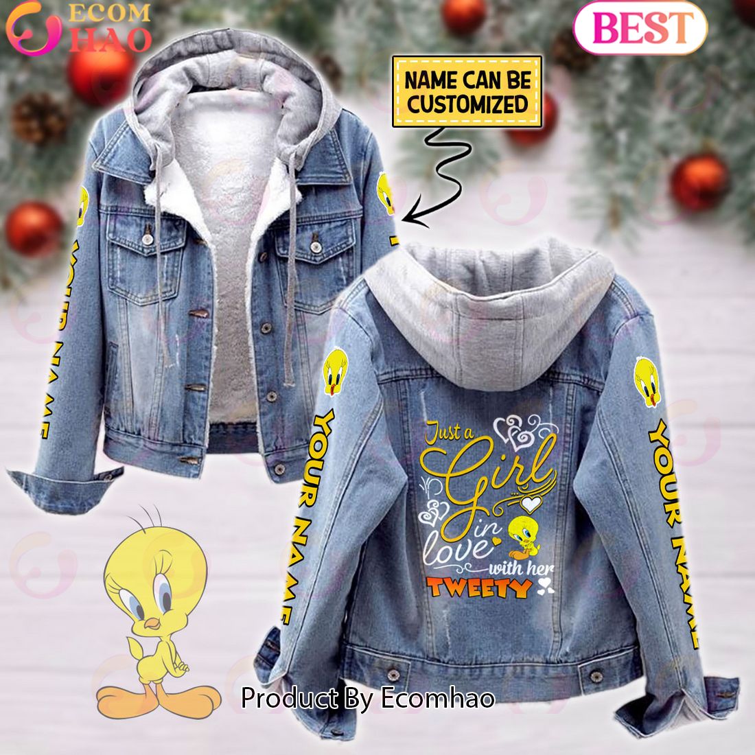 Custom Name Just A Girl Loves Tweety Designed Hooded Fleece Denim Jacket