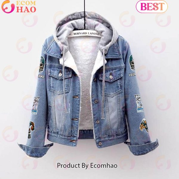 Custom Name Never Mess With the Eagles Designed Fleece Hooded Denim Jacket