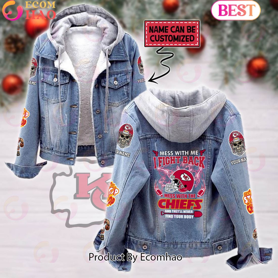 Custom Name Never Mess With the KC Chiefs Designed Fleece Hooded Denim Jacket