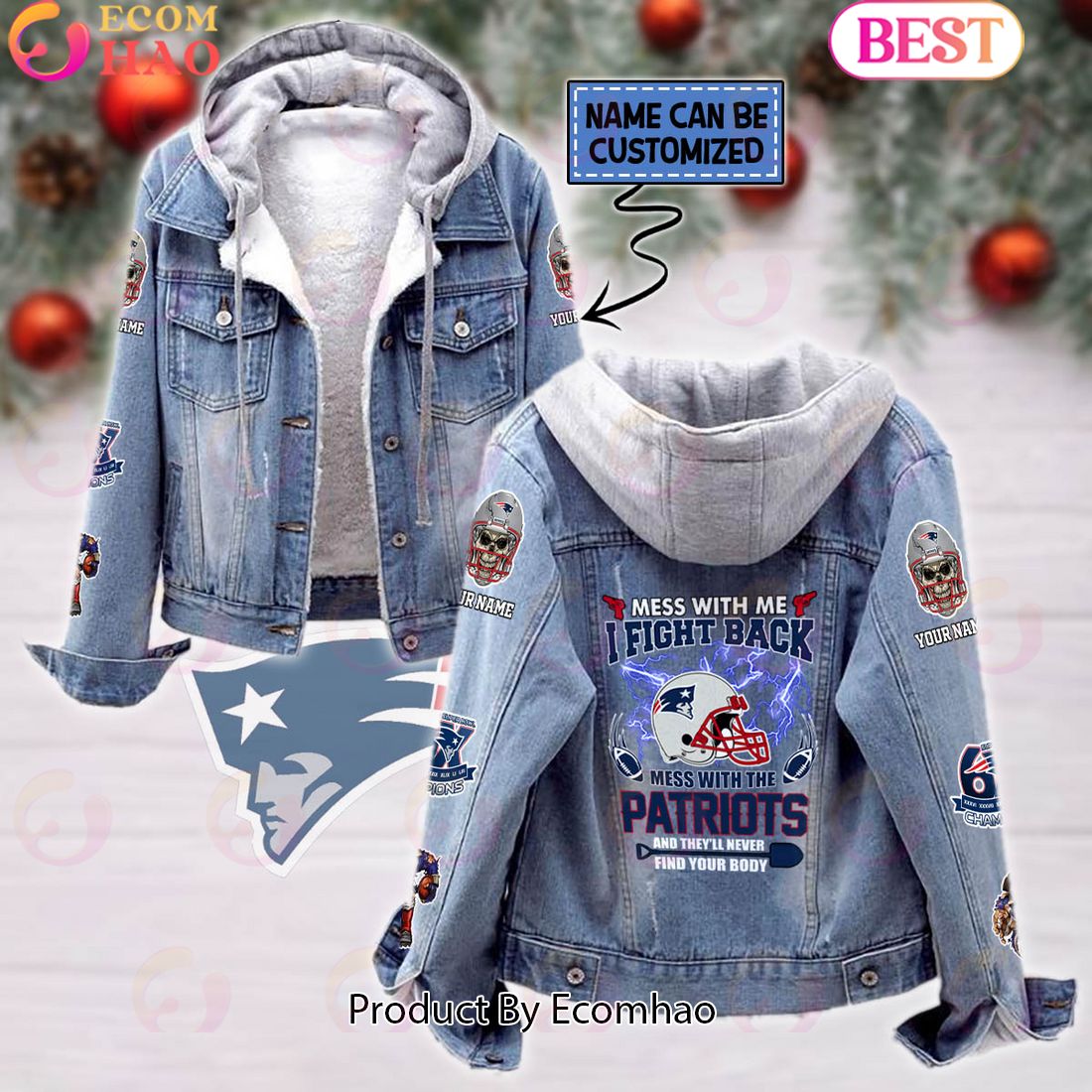 Custom Name Never Mess With the Patriots Designed Fleece Hooded Denim Jacket