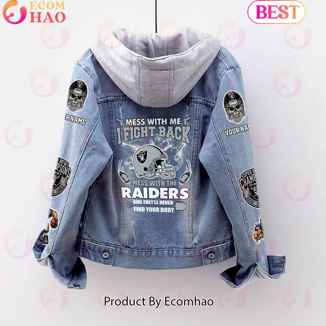 Custom Name Never Mess With the Raiders Designed Fleece Hooded Denim Jacket