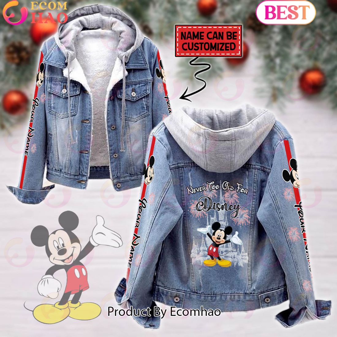 Custom Name Never Too Old For Mickey Mouse Designed Hooded Fleece Denim Jacket