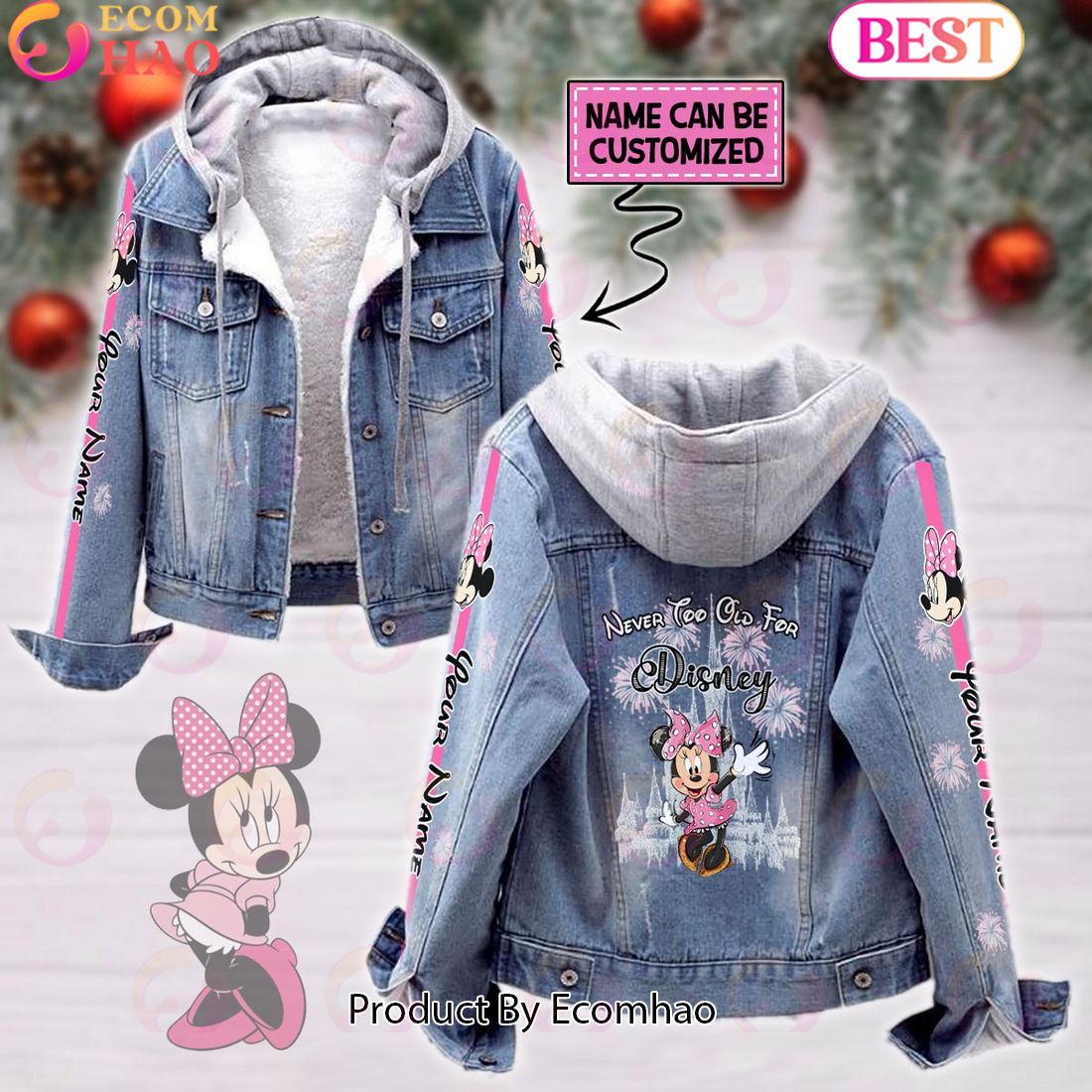 Custom Name Never Too Old For Minnie Mouse Designed Hooded Fleece Denim Jacket