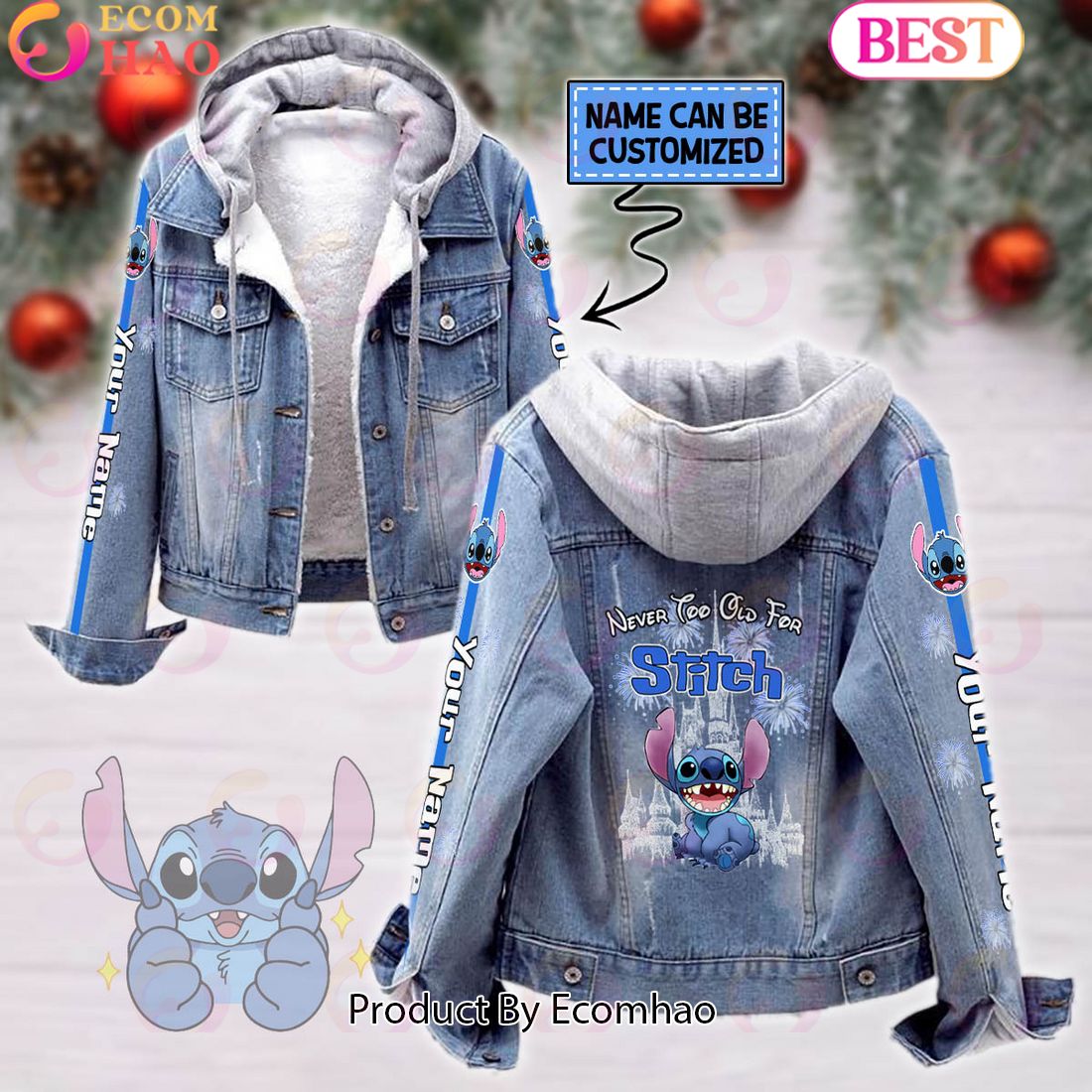 Custom Name Never Too Old For Stitch Designed Hooded Fleece Denim Jacket