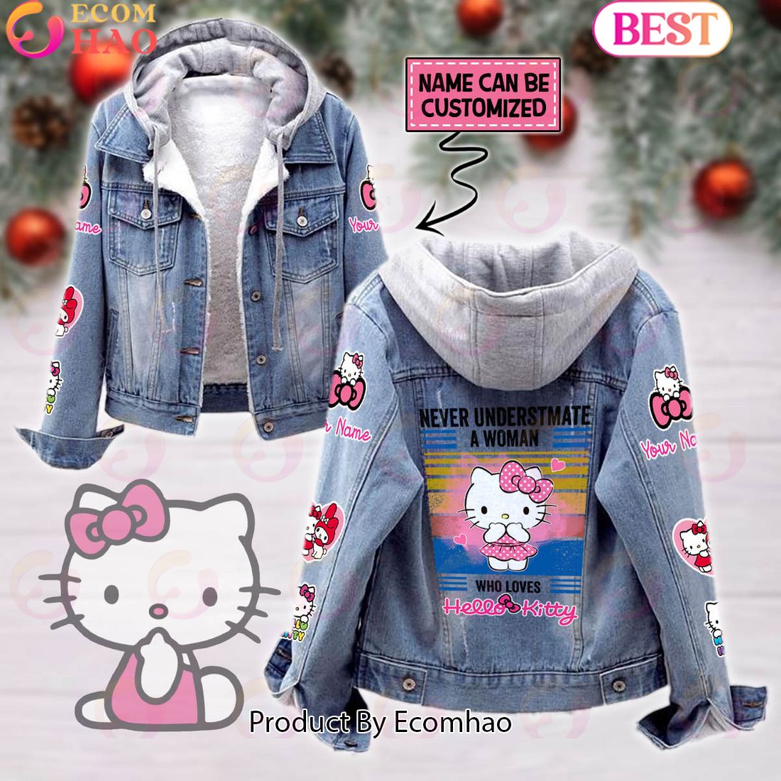 Custom Name Never Underestimate A Woman Loves Hello Kitty Designed Hooded Fleece Denim Jacket