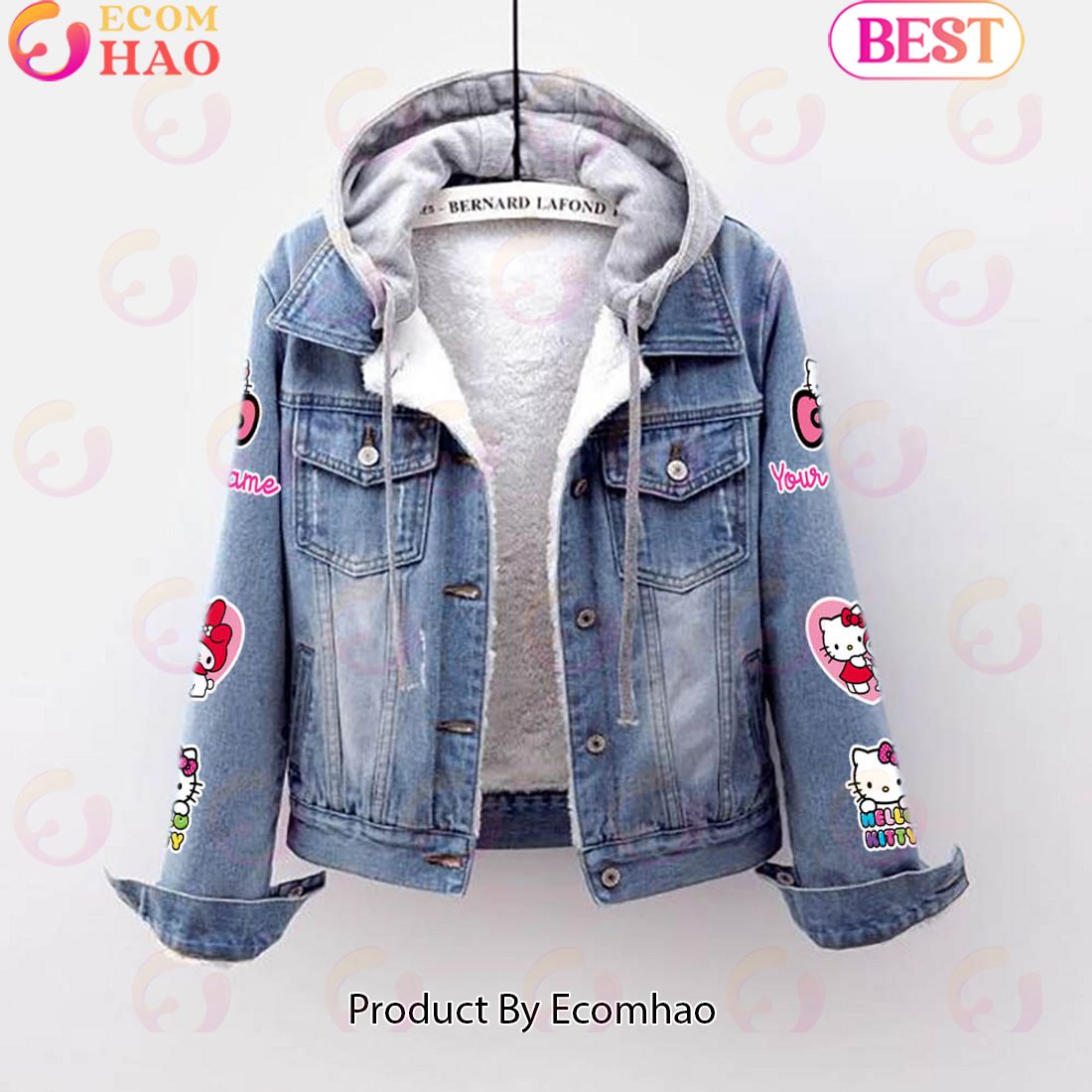 Custom Name Never Underestimate A Woman Loves Hello Kitty Designed Hooded Fleece Denim Jacket