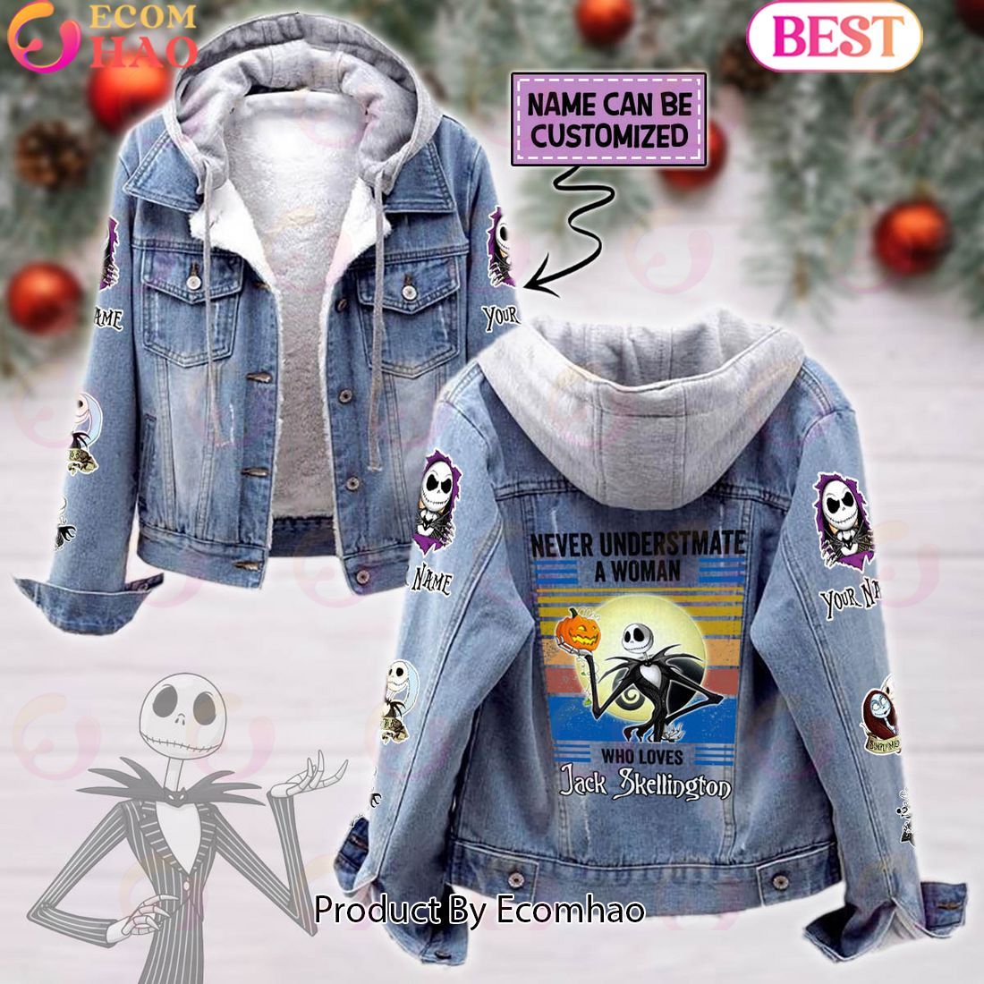 Custom Name Never Underestimate A Woman Loves Jack Skellington Designed Hooded Fleece Denim Jacket