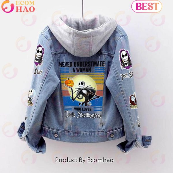 Custom Name Never Underestimate A Woman Loves Jack Skellington Designed Hooded Fleece Denim Jacket
