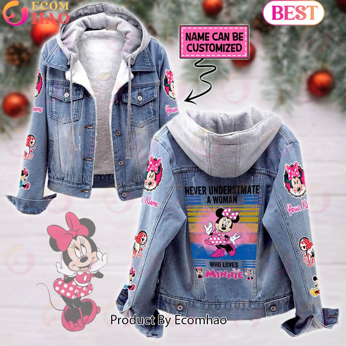 Custom Name Never Underestimate A Woman Loves Hello Kitty Designed Hooded Fleece Denim Jacket