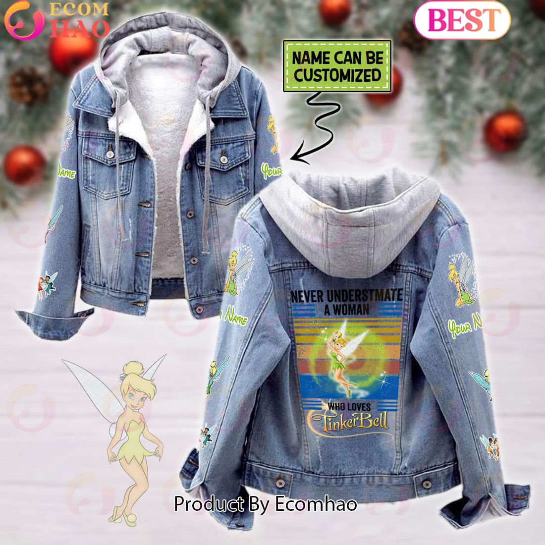 Custom Name Never Underestimate A Woman Loves Tinker Bell Designed Hooded Fleece Denim Jacket