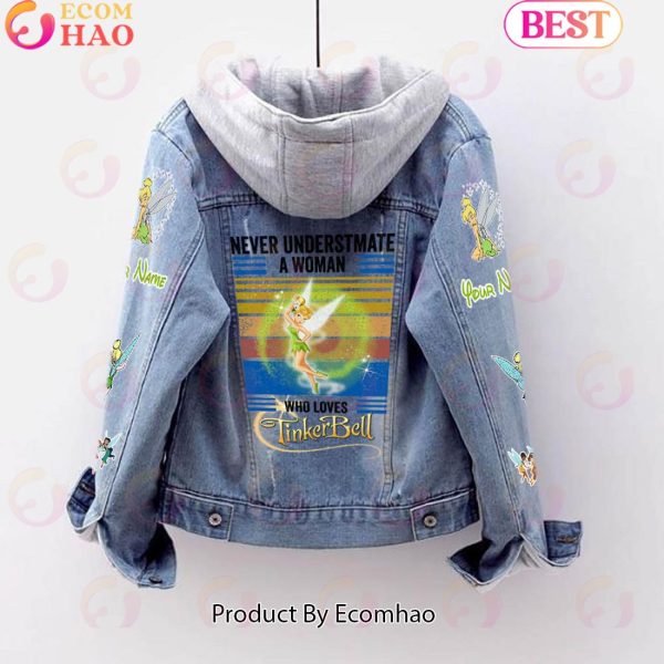 Custom Name Never Underestimate A Woman Loves Tinker Bell Designed Hooded Fleece Denim Jacket
