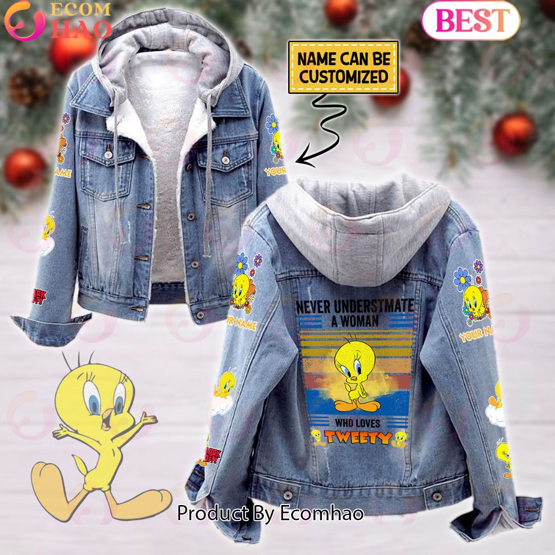 Custom Name Never Underestimate A Woman Loves Tweety Designed Hooded Denim Jacket