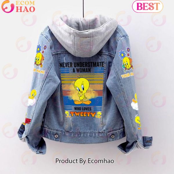 Custom Name Never Underestimate A Woman Loves Tweety Designed Hooded Denim Jacket