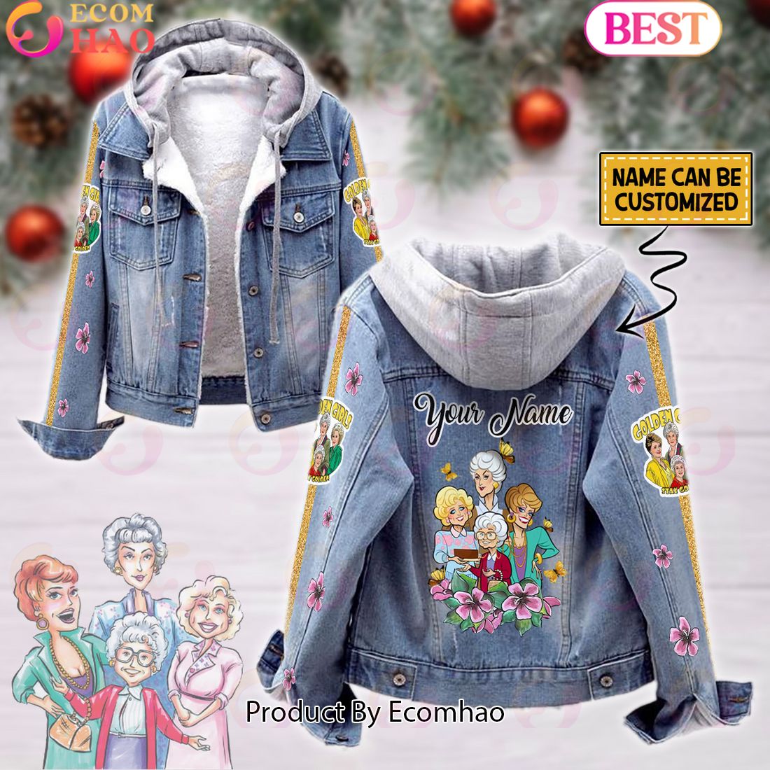 Custom Name Golden Girls Pink Flower Pattern Designed Hooded Denim Jacket