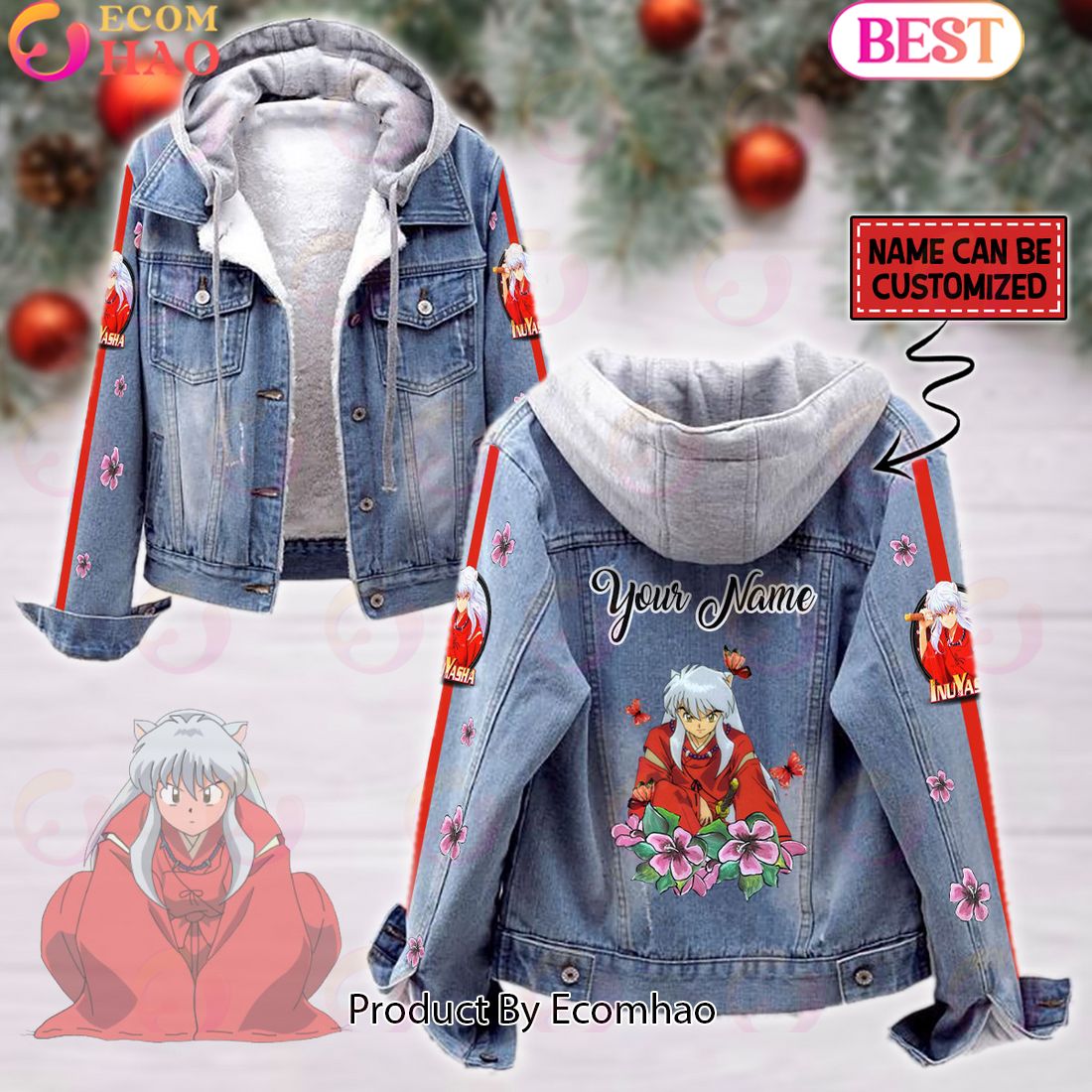 Custom Name Inuyasha Pink Flower Pattern Designed Hooded Denim Jacket