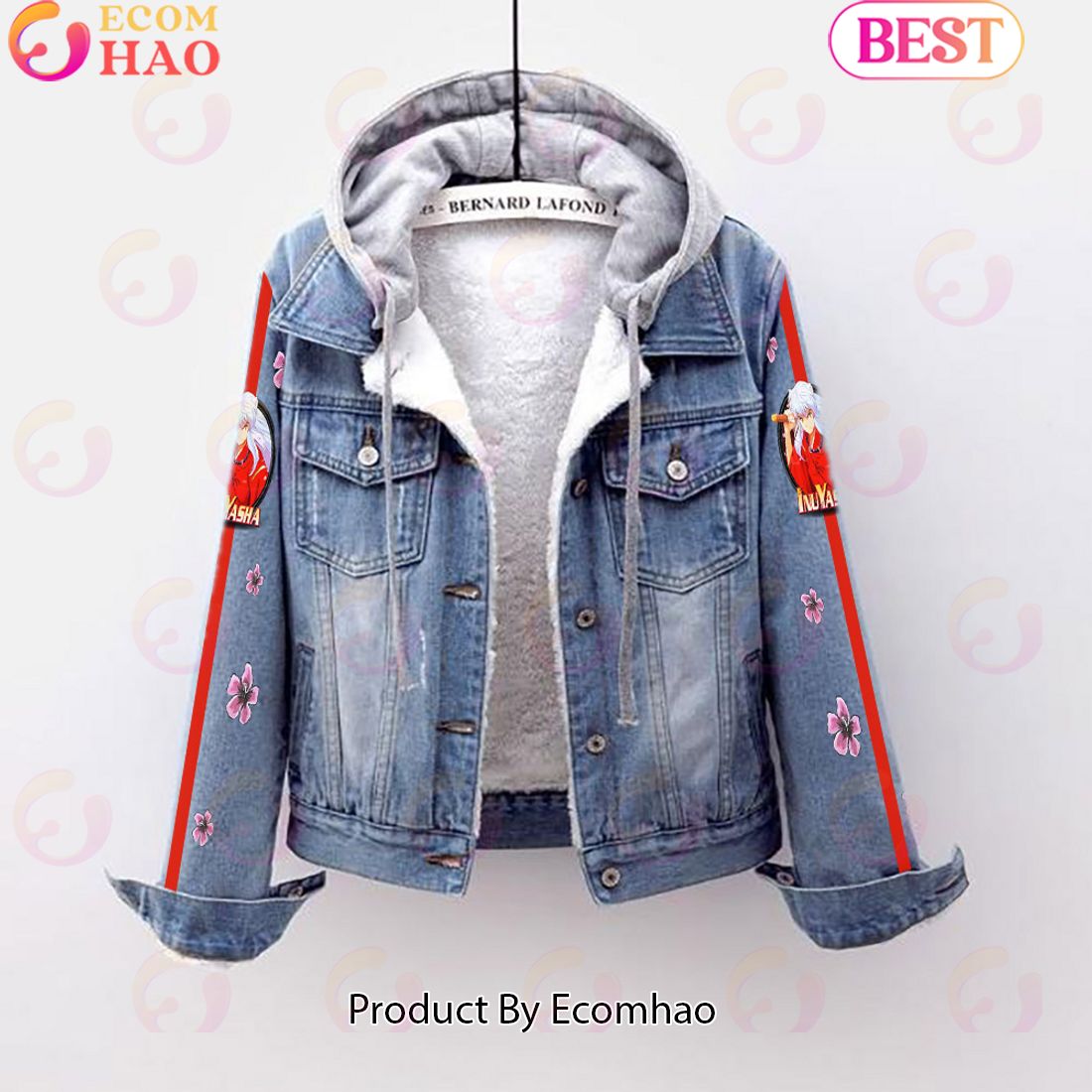 Custom Name Inuyasha Pink Flower Pattern Designed Hooded Denim Jacket