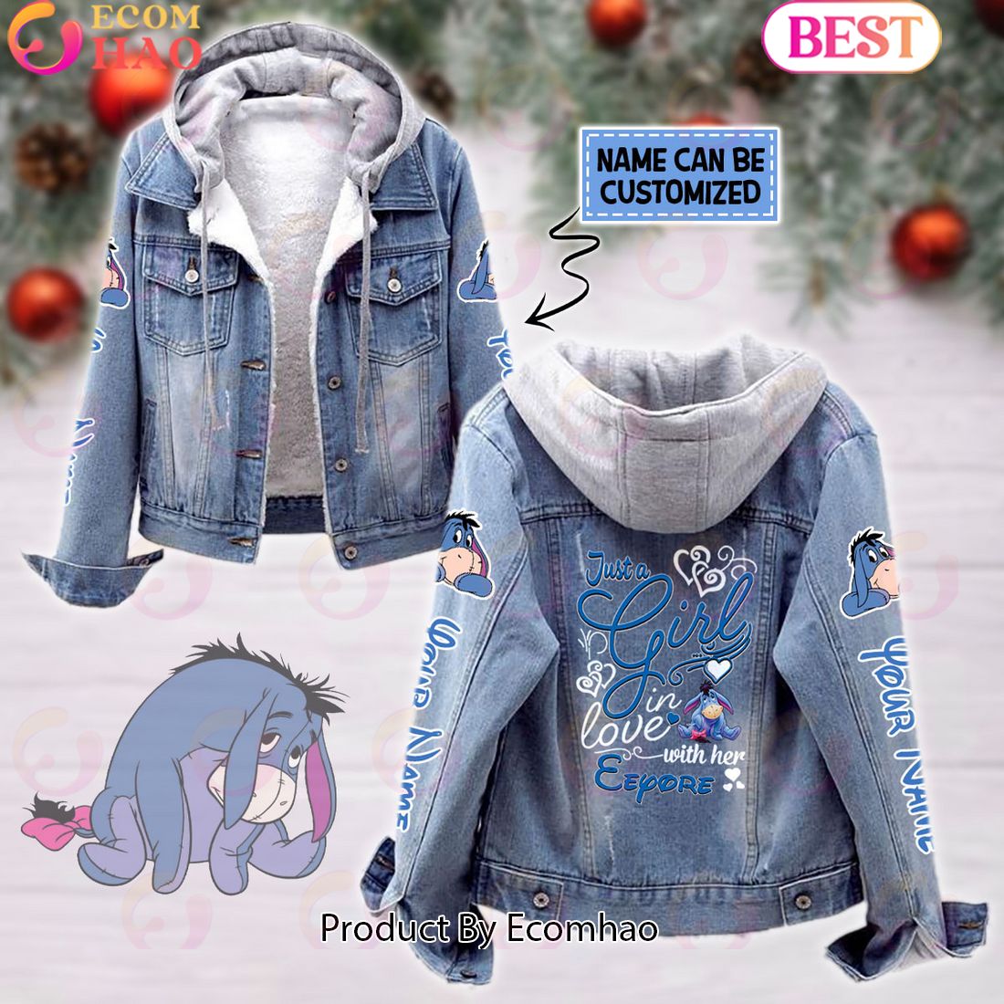 Custom Name Just A Girl Loves Eeyore Designed Hooded Fleece Denim Jacket