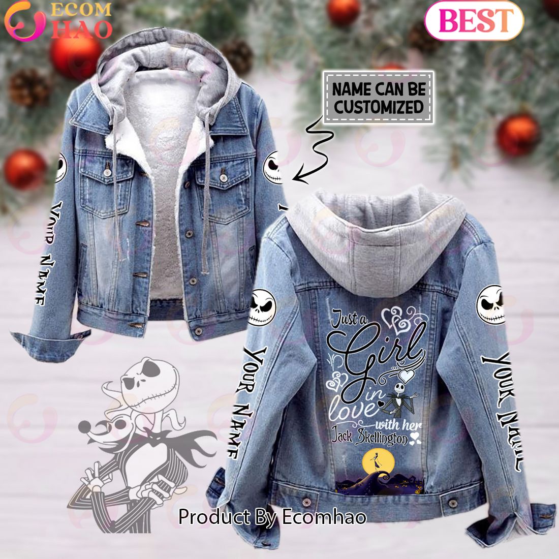 Custom Name Just A Girl Loves Minnie Mouse Designed Hooded Fleece Denim Jacket