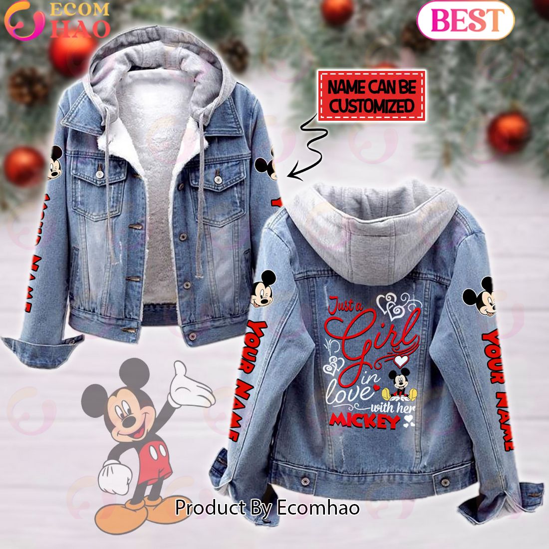 Custom Name Just A Girl Loves Eeyore Designed Hooded Fleece Denim Jacket