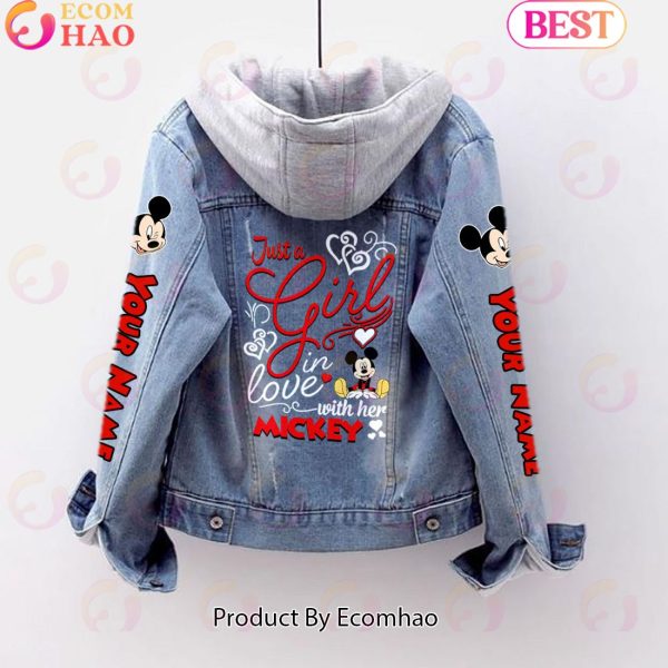 Custom Name Just A Girl Loves Mickey Mouse Designed Hooded Fleece Denim Jacket