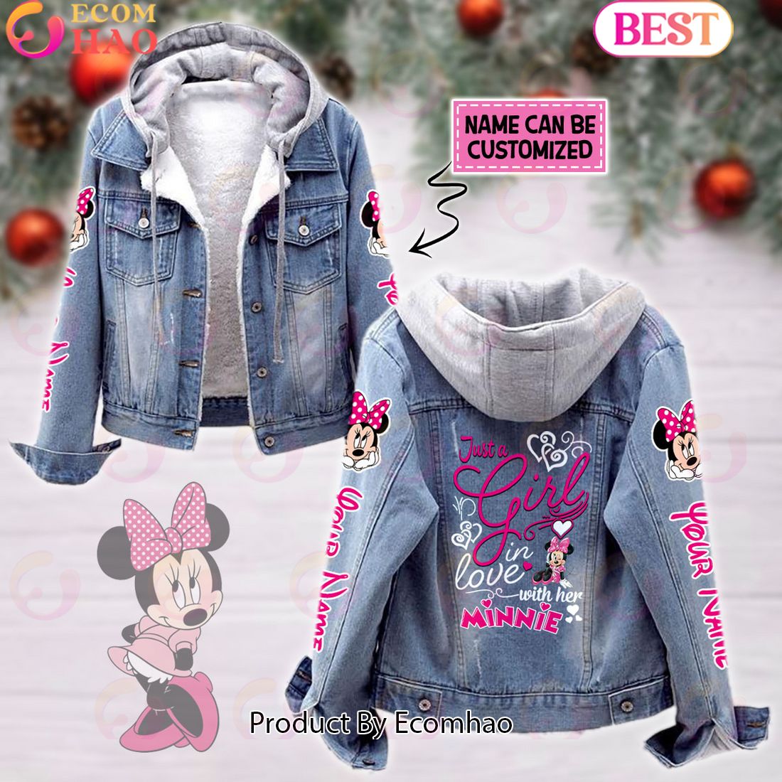 Custom Name Just A Girl Loves Minnie Mouse Designed Hooded Fleece Denim Jacket