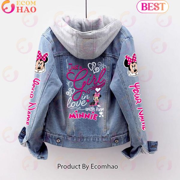 Custom Name Just A Girl Loves Minnie Mouse Designed Hooded Fleece Denim Jacket