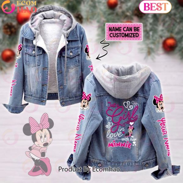Custom Name Just A Girl Loves Minnie Mouse Designed Hooded Fleece Denim Jacket