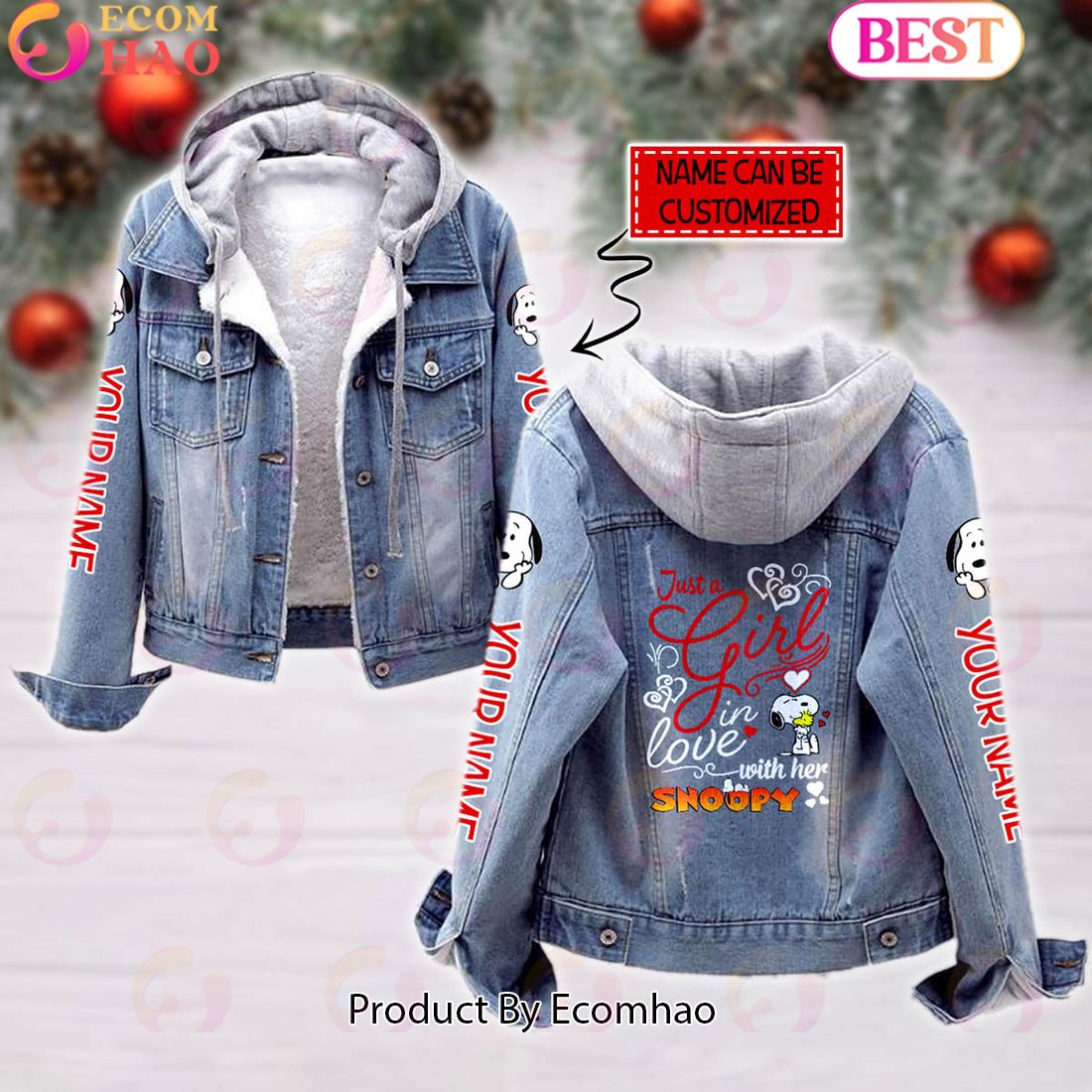 Custom Name Just A Girl Loves Snoopy Designed Hooded Fleece Denim Jacket