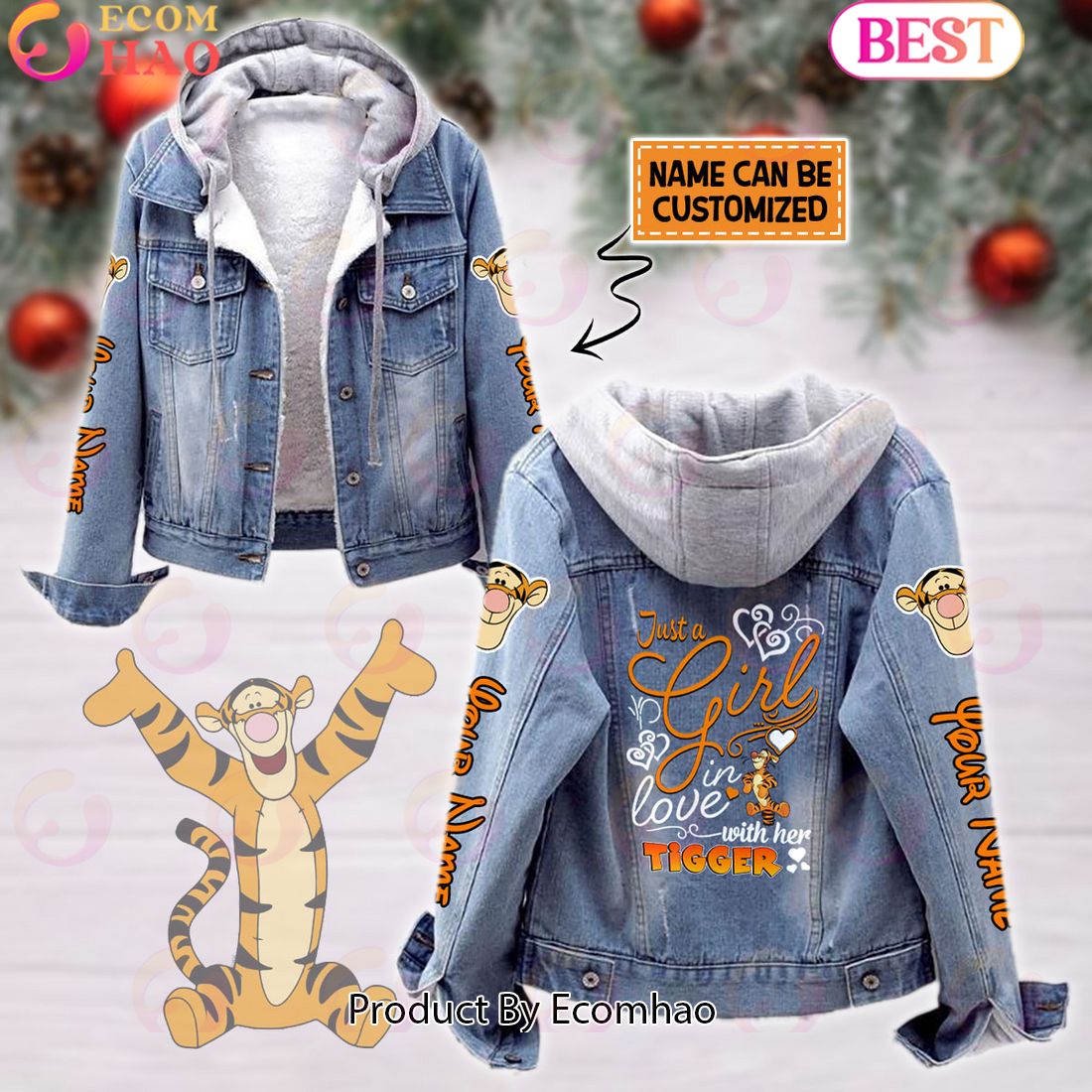 Custom Name Just A Girl Loves Tigger Designed Hooded Fleece Denim Jacket